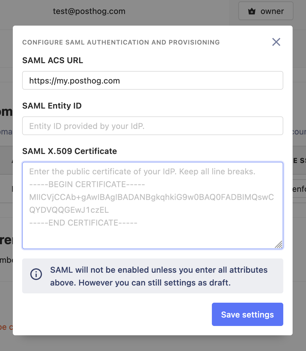 Screenshot: SAML configuration